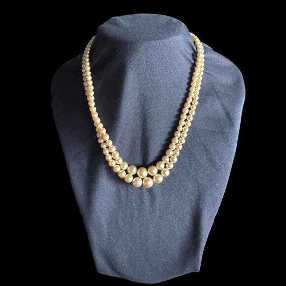 Vtg Sterling 925 Box Clasp Faux Cream Pearl Double-Strand 14" Art Deco Necklace - Picture 9 of 16